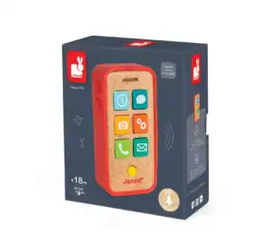 Wooden toy smartphone with buttons and packaging.