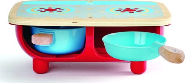 Colorful toy stove with pots and pans.