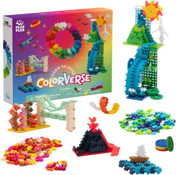 Colorful building blocks set with various structures.