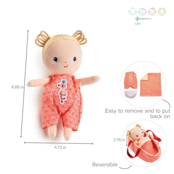 Soft doll with reversible clothing for ages 12 months.