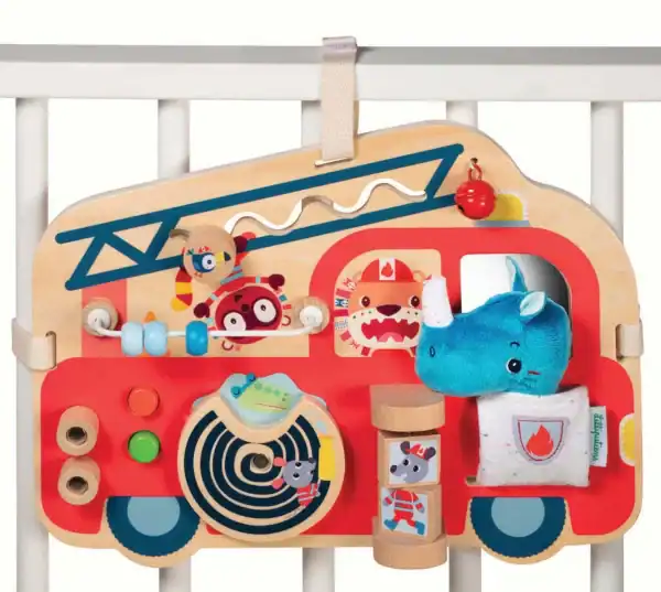 Wooden fire truck activity toy for toddlers.