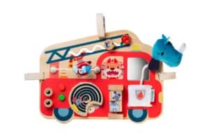 Wooden fire truck activity panel for kids.
