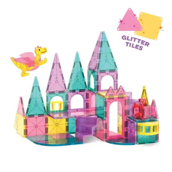 Colorful magnetic tiles castle with dragon illustration