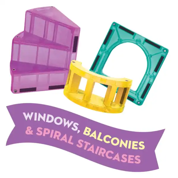 Colorful toy windows, balconies, and spiral staircases.