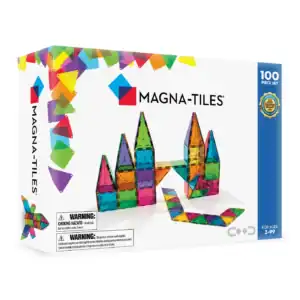 Colorful Magna-Tiles 100-piece building set box.