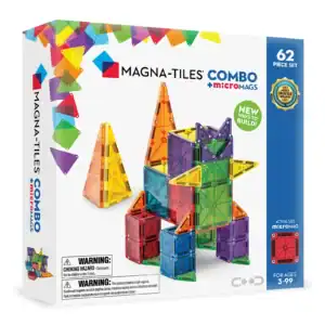 Magna-Tiles building set with colorful geometric pieces.