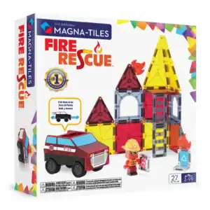 Fire Rescue Magna-Tiles set with fire truck and figure.