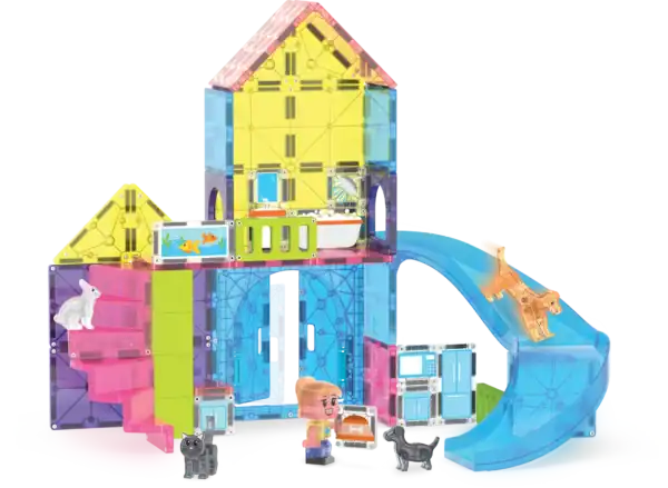 Colorful toy house with animals and slide