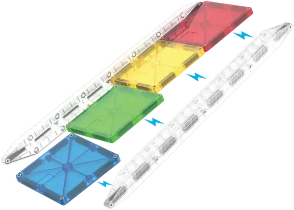 Multicolored transparent plastic blocks in a zigzag pattern.