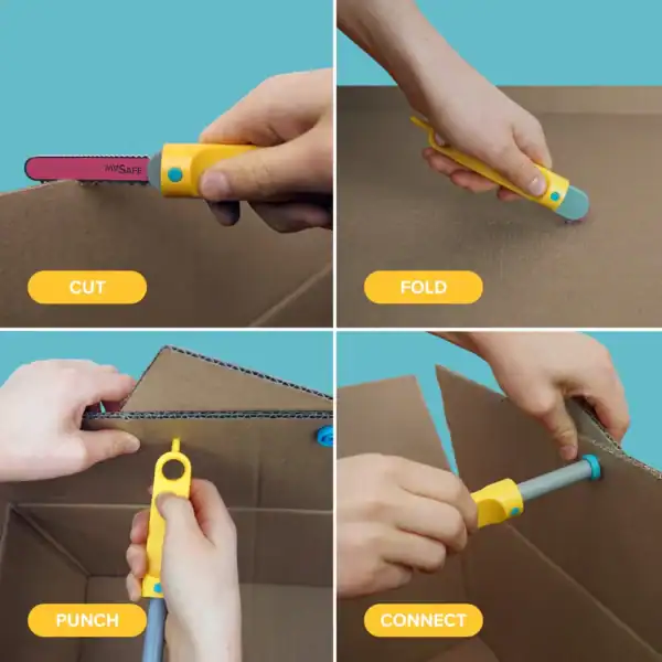 Tool demonstrating cut, fold, punch, connect functions.