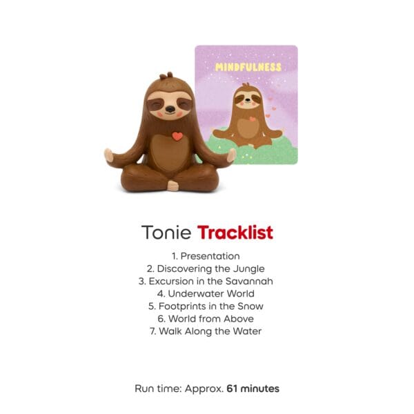 Mindfulness sloth figurine with tracklist of meditations.