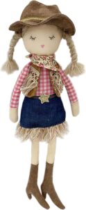 Cowgirl rag doll with braided hair and hat.