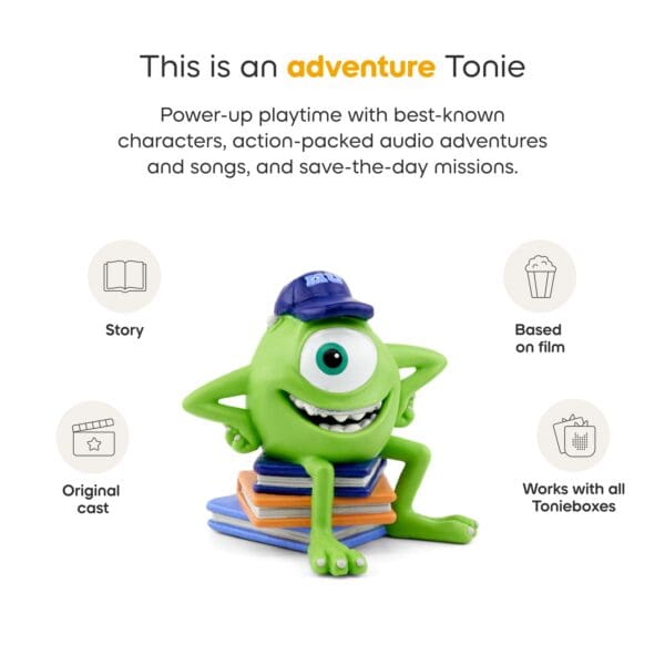 Green character figure with books for Toniebox adventure.