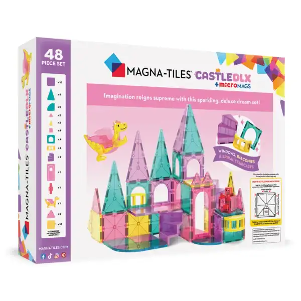 Magna-Tiles castle set with 48 colorful pieces.