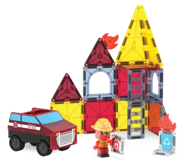 Toy fire station with truck and fireman figure.