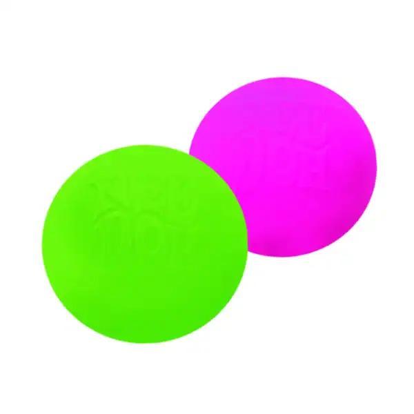 Two colorful stress balls, green and pink.