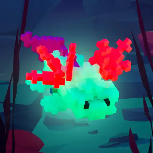 Colorful pixelated axolotl in underwater digital scene.