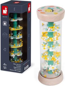 Wooden rainstick toy with colorful beads for kids.