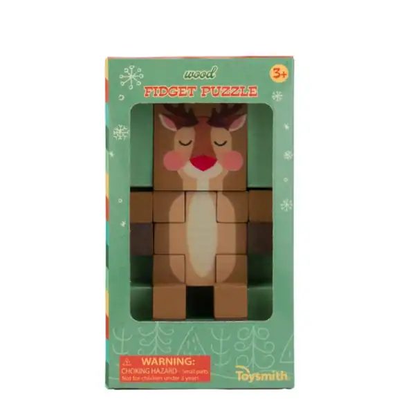 Wooden reindeer fidget puzzle in green box.