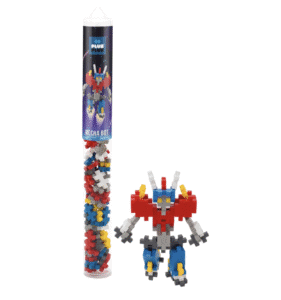 Plus-Plus Mecha Bot construction toy with robot figure.