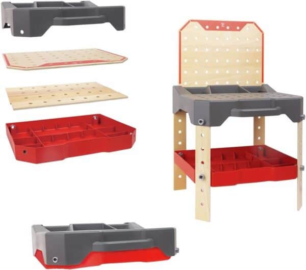 Modular toy workbench with interchangeable parts.