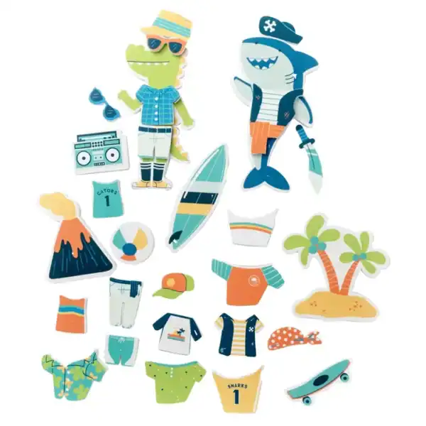 Cartoon beach-themed stickers with animals and clothes.