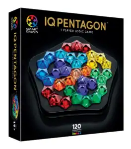 IQ Pentagon logic game box with colorful pieces.