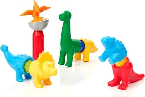 Colorful dinosaur-themed toy bath gear on display.
