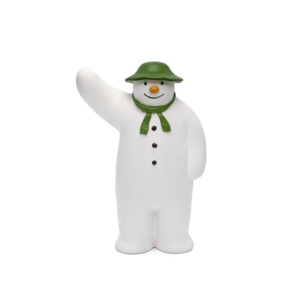 Friendly snowman with hat and scarf waving.