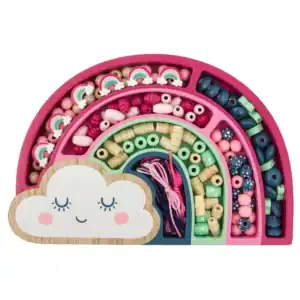 Colorful rainbow bead set with smiling cloud.