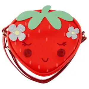 Cute strawberry-shaped handbag with floral decorations.