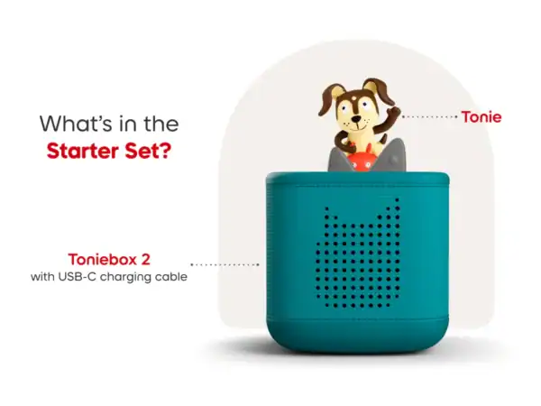 Toniebox 2 with Tonie figure and USB-C cable.