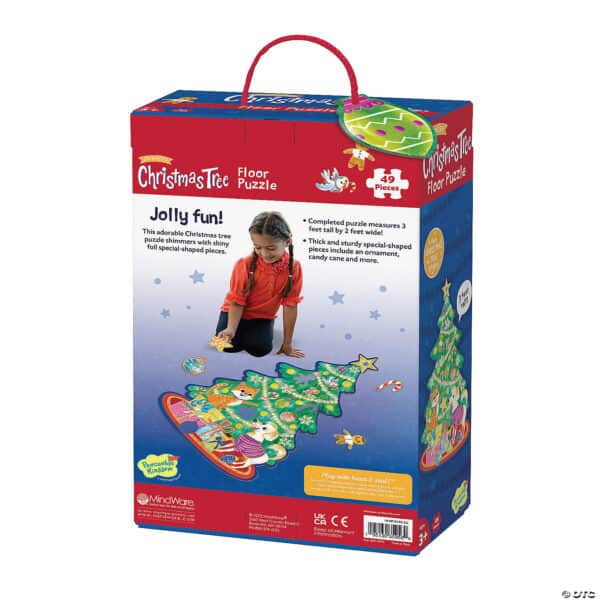 Christmas tree puzzle box with child playing.