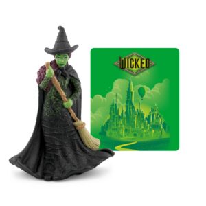 Wicked witch figurine with green city background.