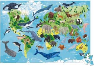 World map puzzle with animals from each continent.