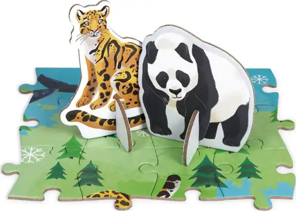 Cardboard panda and tiger on puzzle pieces
