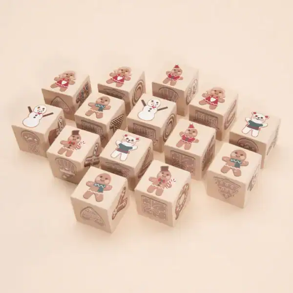 Wooden blocks with festive holiday characters and designs.