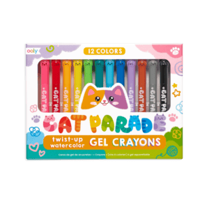 Colorful cat-themed gel crayons set, twelve colors.