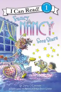 Fancy Nancy stargazing through window, colorful cover illustration.