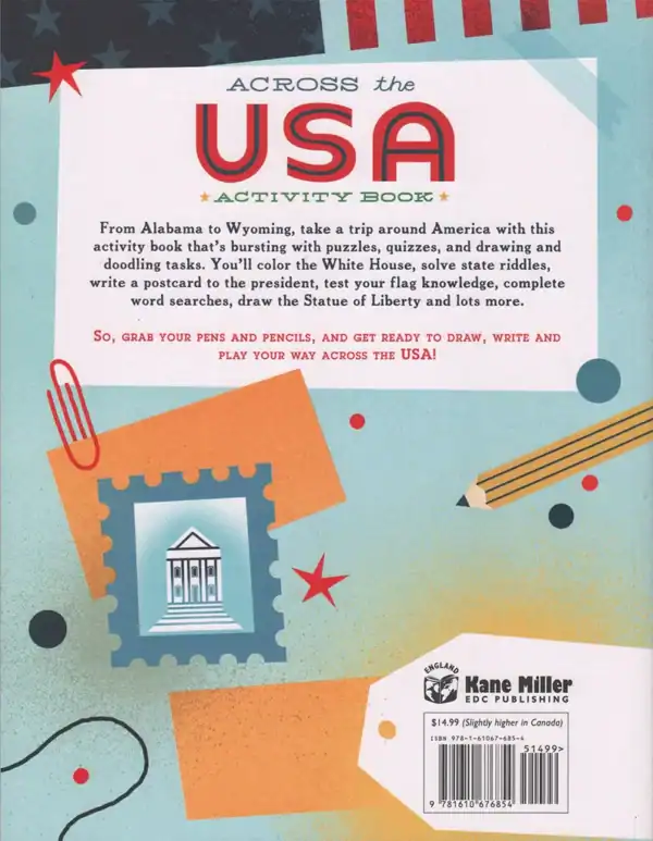 Children's USA activity book cover with puzzles and quizzes.