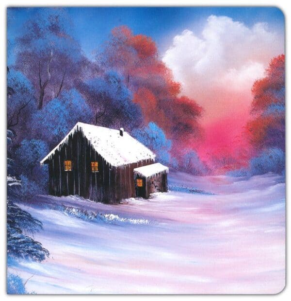 Snowy cabin at sunset in winter landscape.