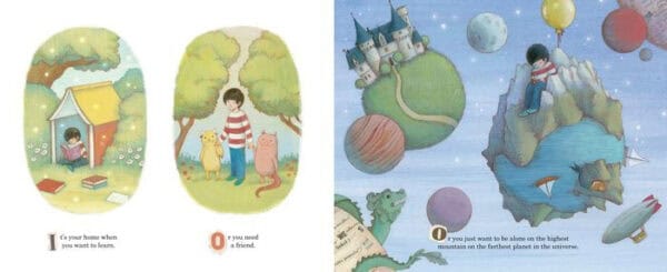 Child explores imaginative worlds with books and animals.