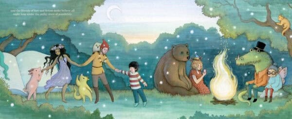 Children and animals around a campfire in forest.