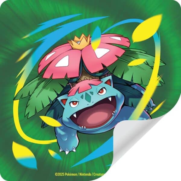Venusaur with vibrant swirling background, ©2025 Pokémon.