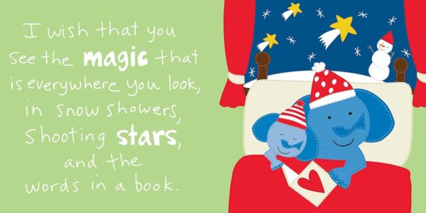 Elephants under stars with snowman in winter scene.