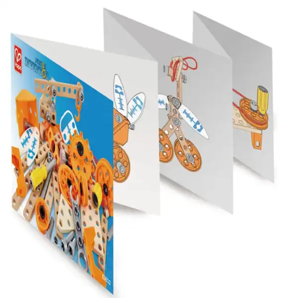 Kids' construction toy kit with various parts and instructions.