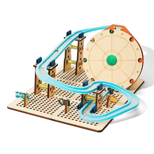Wooden marble run with large Ferris wheel.