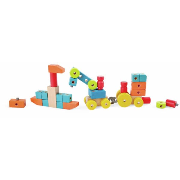 Colorful wooden toy blocks and vehicles