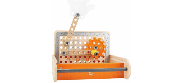 Wooden children's engineering toy with gears and levers.