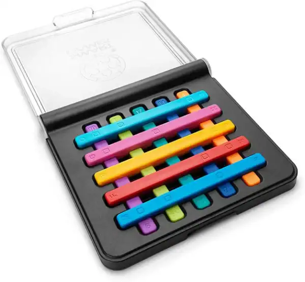 Colorful puzzle toy with numbered bars and box.